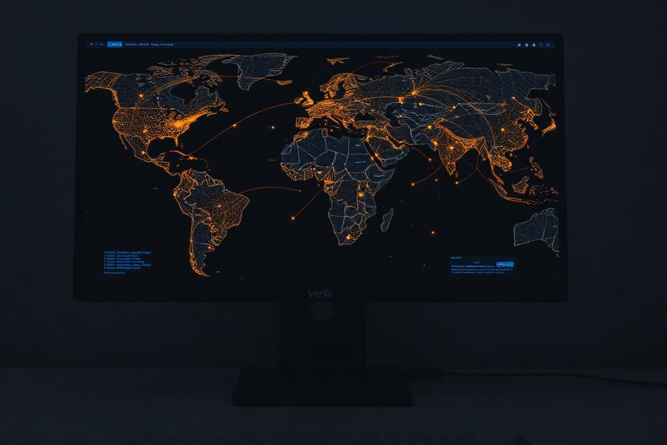 Dark monitor showing a global trade route visualisation