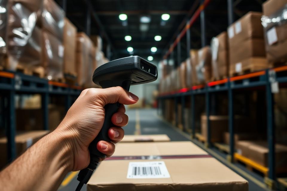 Hand holding a barcode scanner in a distribution facility