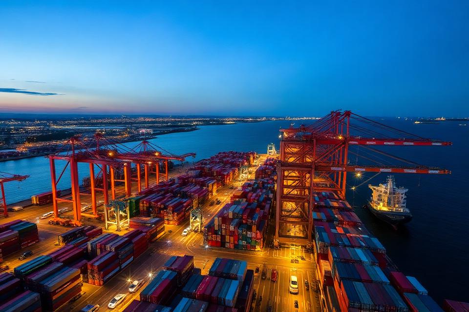 Container port at dusk with illuminated cranes