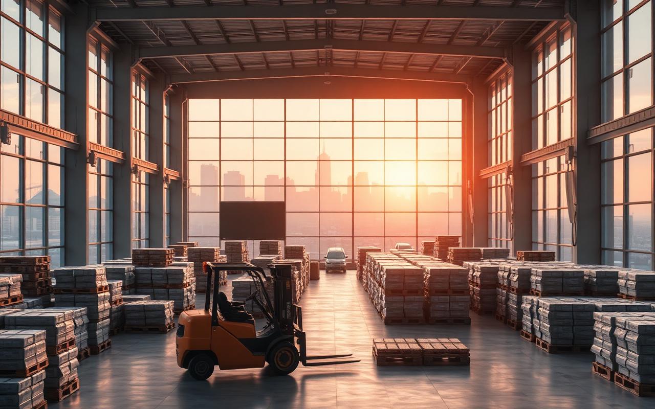 Large halal food distribution warehouse at sunset